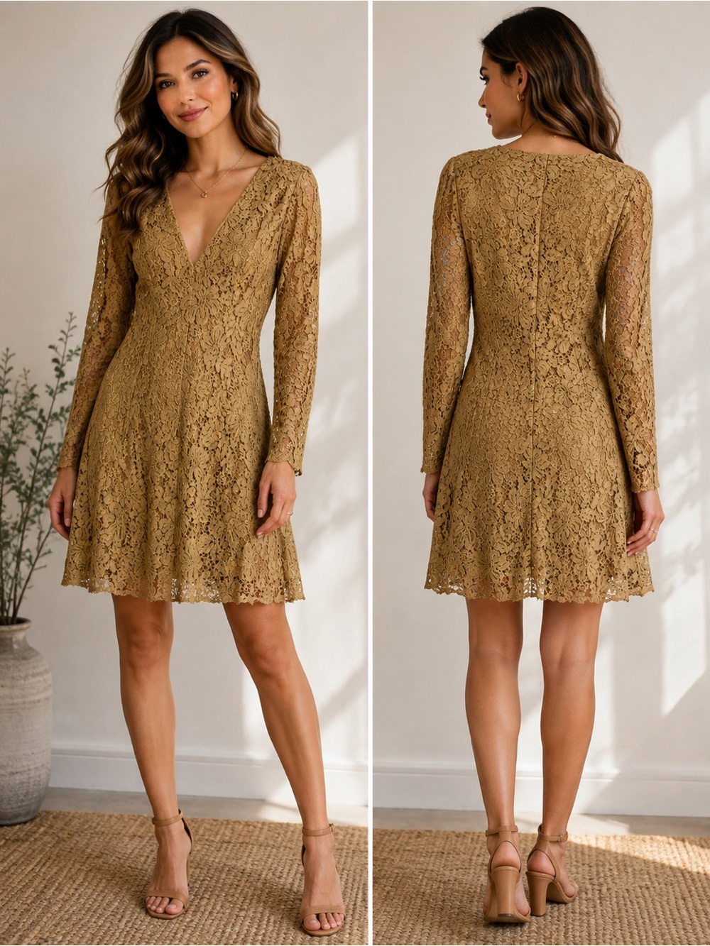 Majorelle Size S Camel Gold Floral Lace Long Sleeve Mini Dress